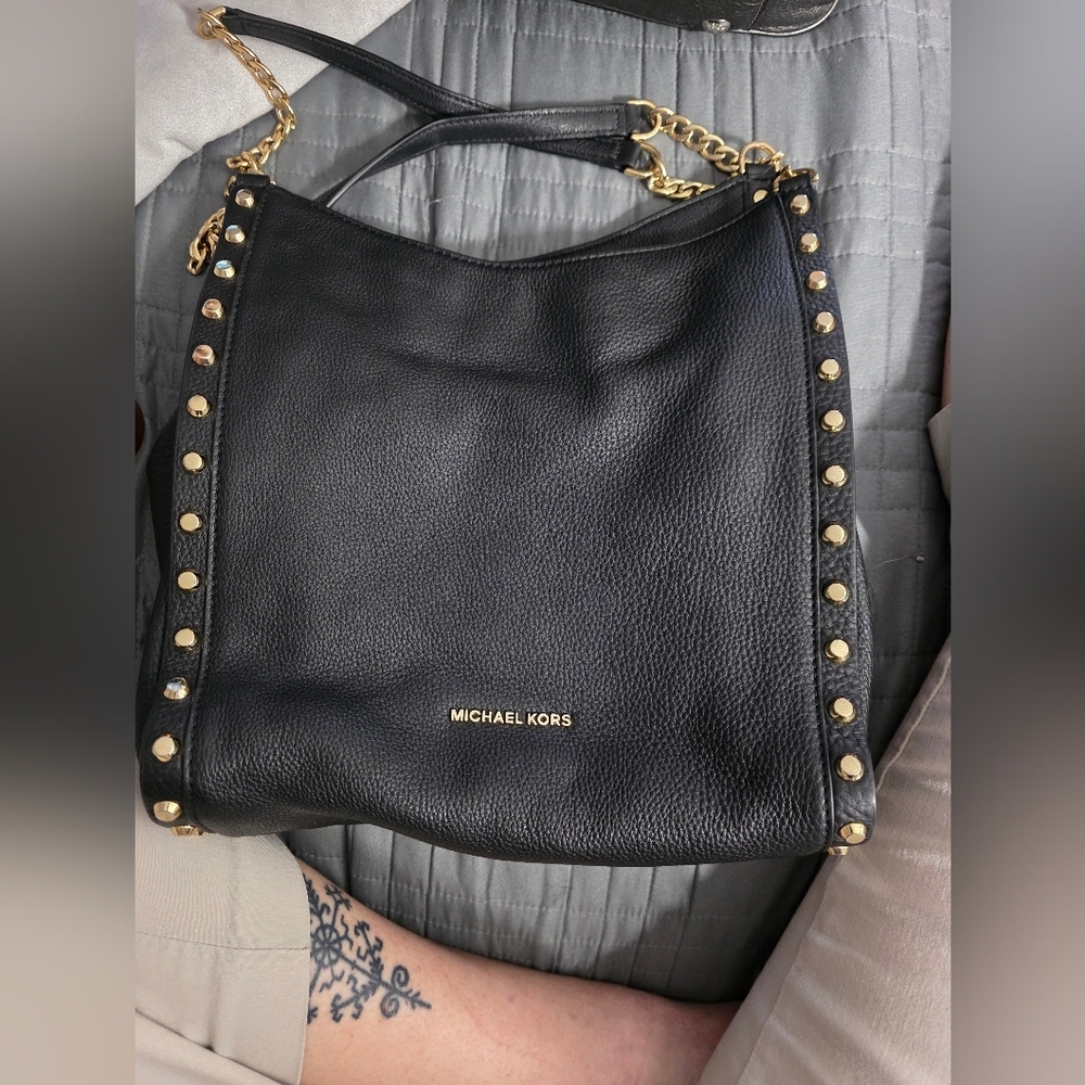 Michael Kors Black Pebbled Leather Goldtone Chain Handles Studded Satchel